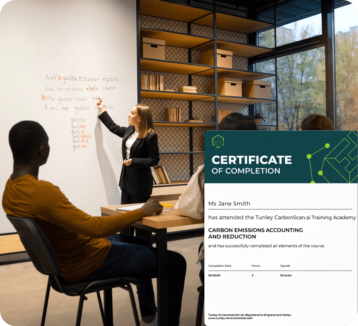 Training session with people in a modern office environment, showing workplace sustainability education