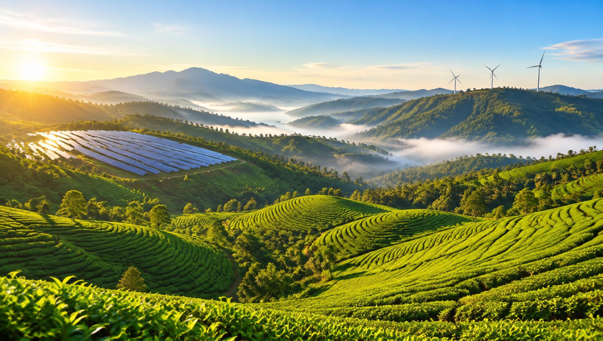 Lush green Malaysian hills with solar panels and wind turbines